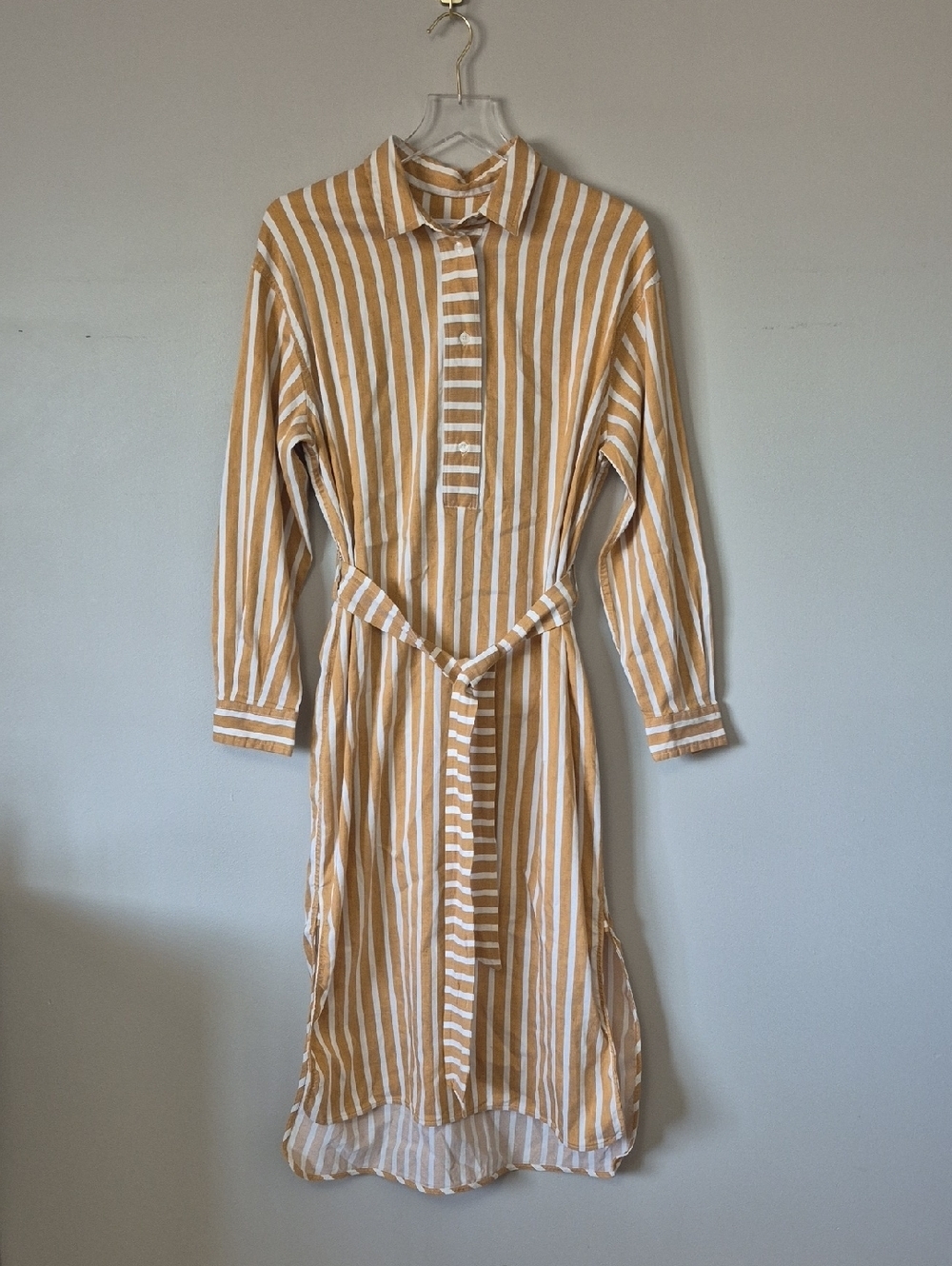 Samsoe Samsoe Amara Belted Shirt Dress Size L, Honey Stripe Linen Blend Vacation - Picture 2 of 15